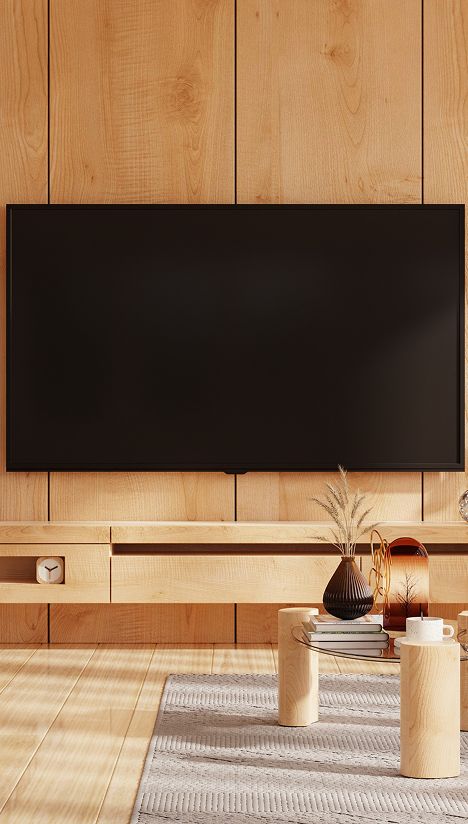 Wohnlandschaft aus Holz mit einem Fernseher